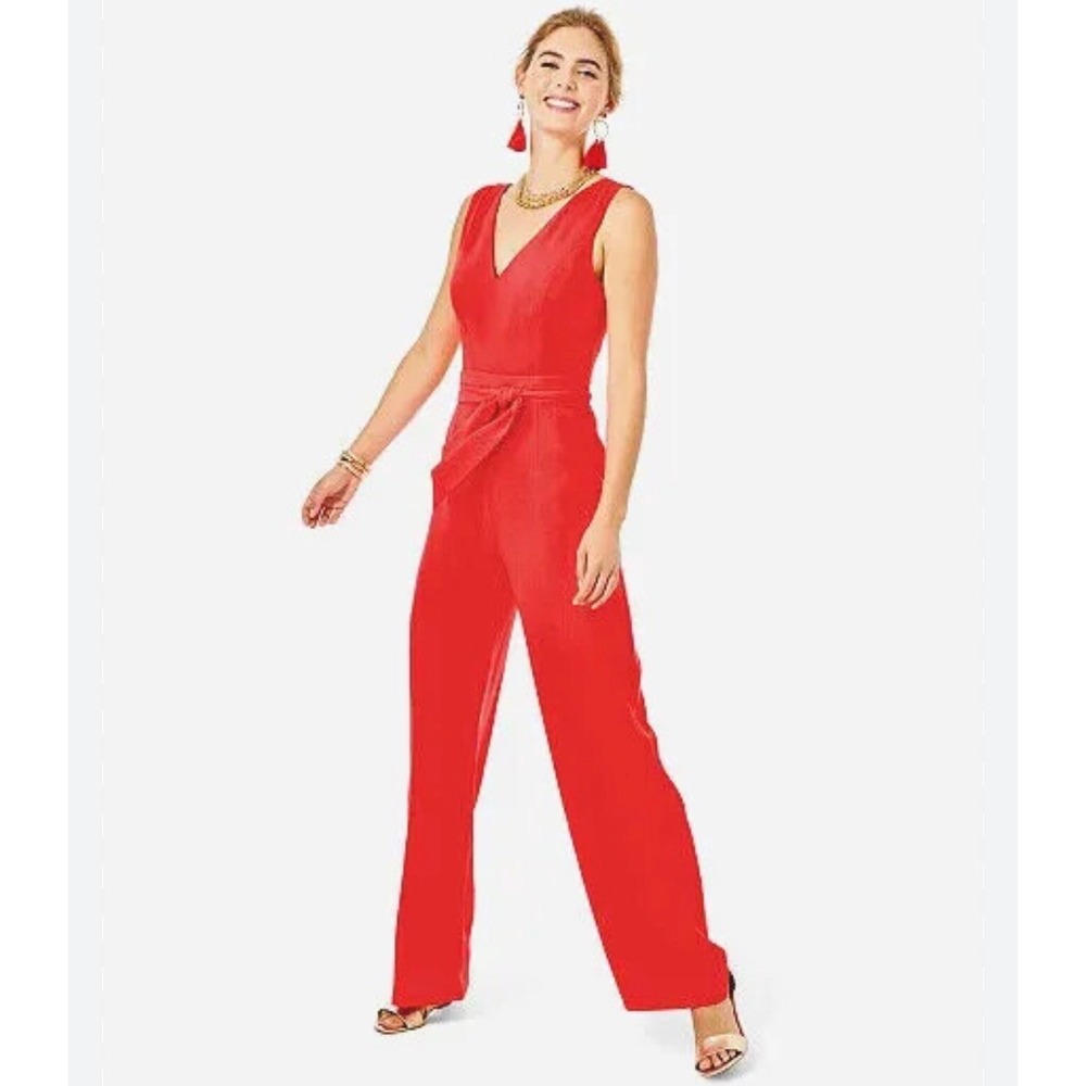 Lilly Pulitzer Red Sleeveless Wide Leg Jumpsuit V-Neck Tie Waist Size 00